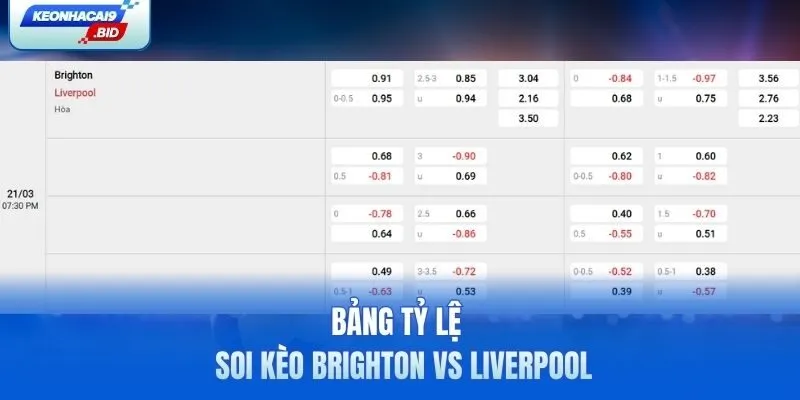 Bảng tỷ lệ soi kèo Brighton vs Liverpool